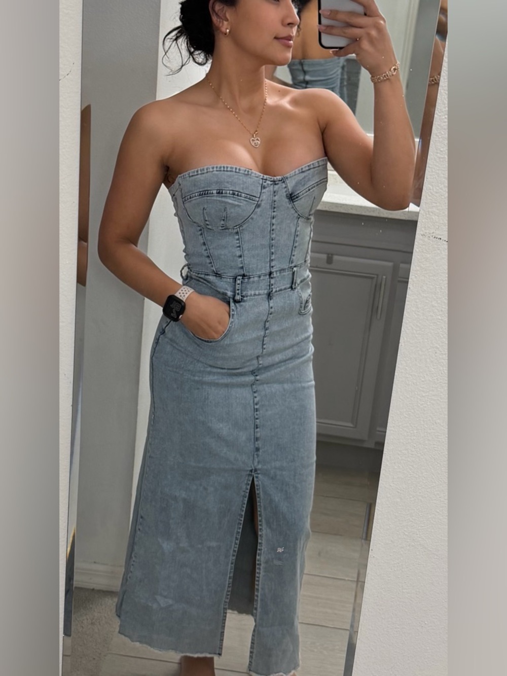 Strapless Light Blue Denim Bustier Dress